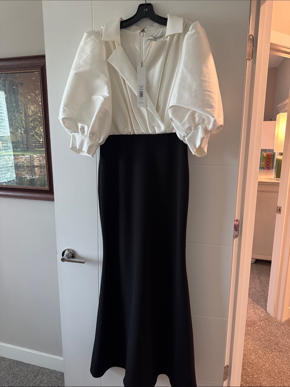 Badgley Mischka Two-Tone White and Black Puff-Sleeve Maxi Skirt Dress